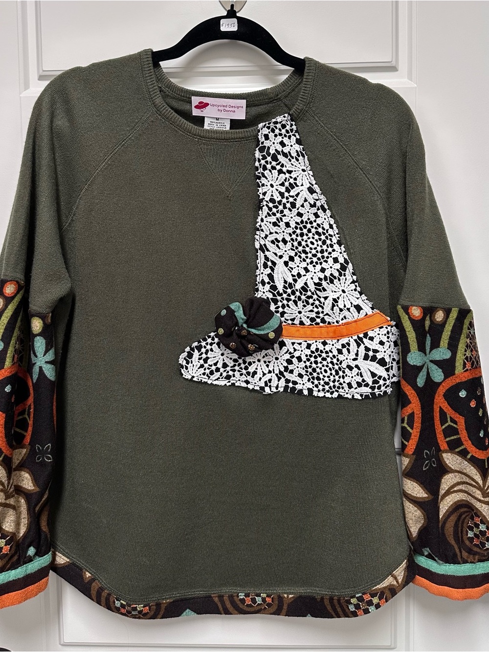 Upcycled Women’s Pullover Top with Crochet Witch Hat Detail